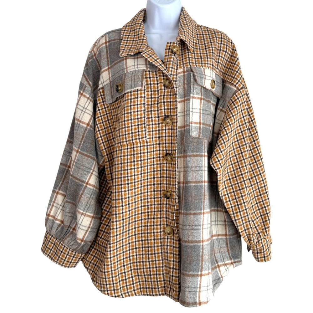 GiGiO Womens Patchwork Plaid Shacket Sz S Oversized Layering Cozy Outdoors - Picture 2 of 9